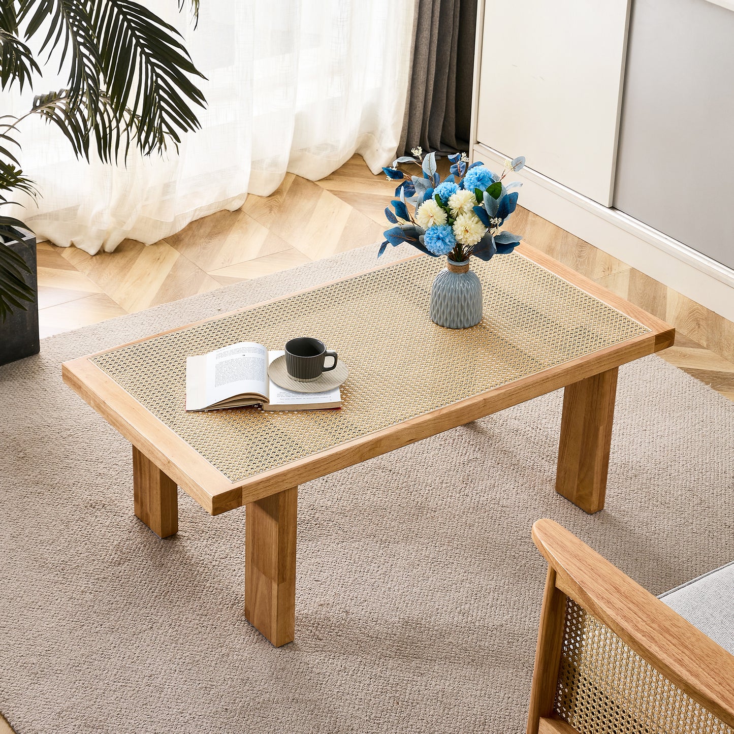 Modern and minimalist rectangular rattan tabletop with rubber wooden leg