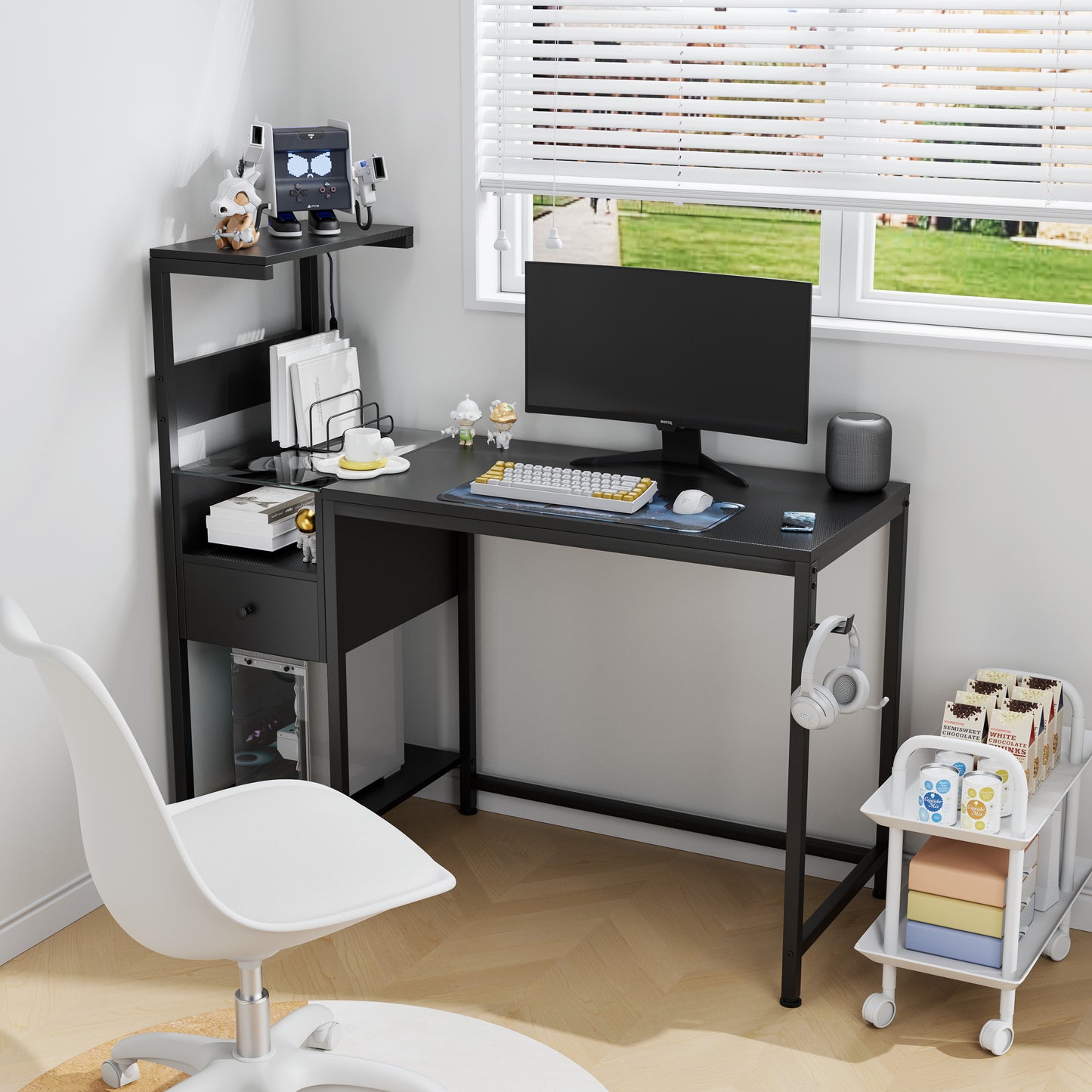 Computer Desk with Power Outlet & Storage Shelves with USB Ports Charging Station, Black