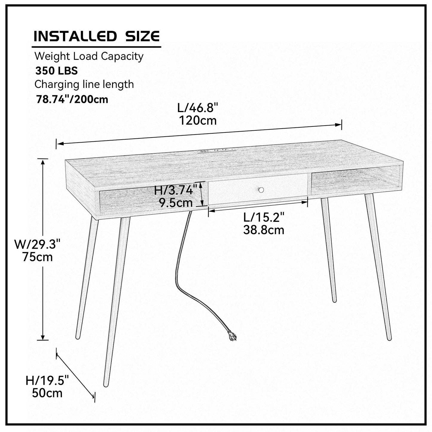 Mid Century Desk with USB Ports and Power Outlet,  Black