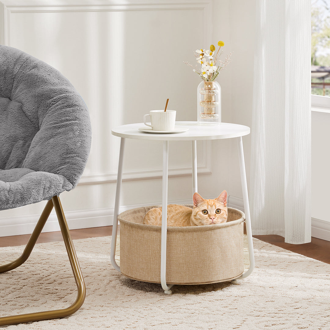 Small Round Side End Table for Living Room - White& Beige