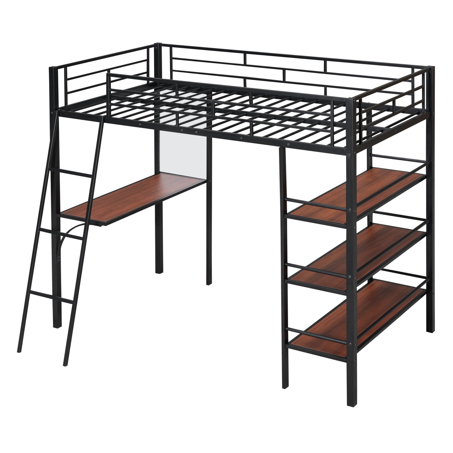 Twin Size Loft Metal Bed with 3 Layers of Shelves and Desk, Stylish Metal Frame Bed with Whiteboard, Black