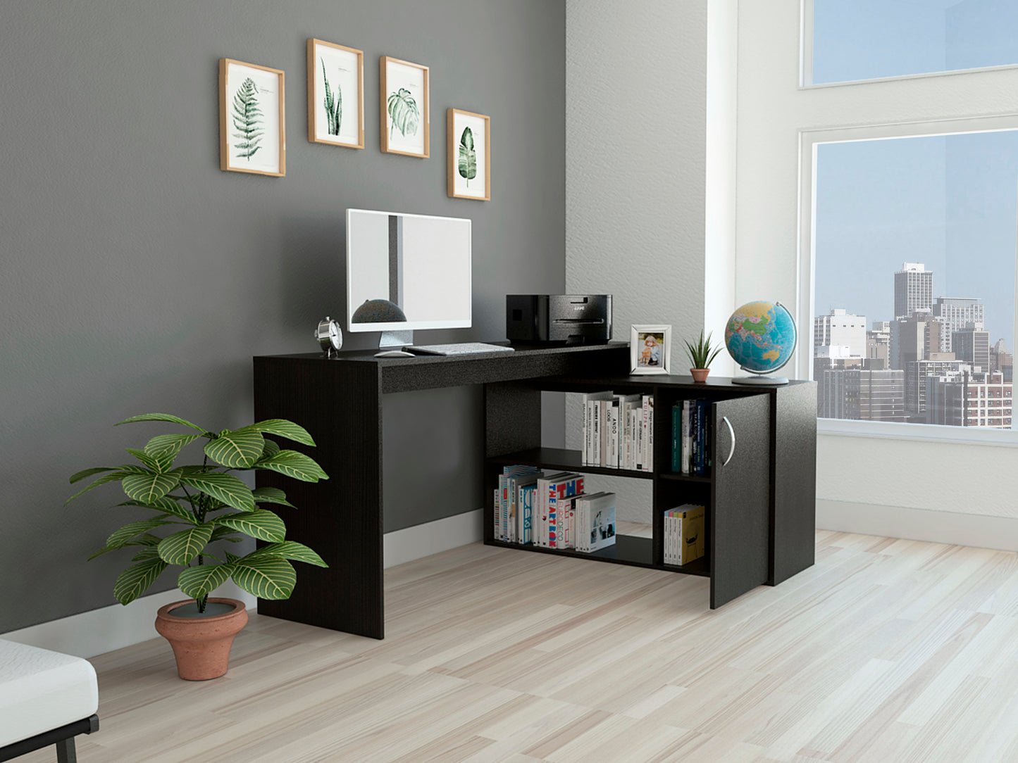 Modern L-Shaped Computer Desk with Open & Closed Storages -Black