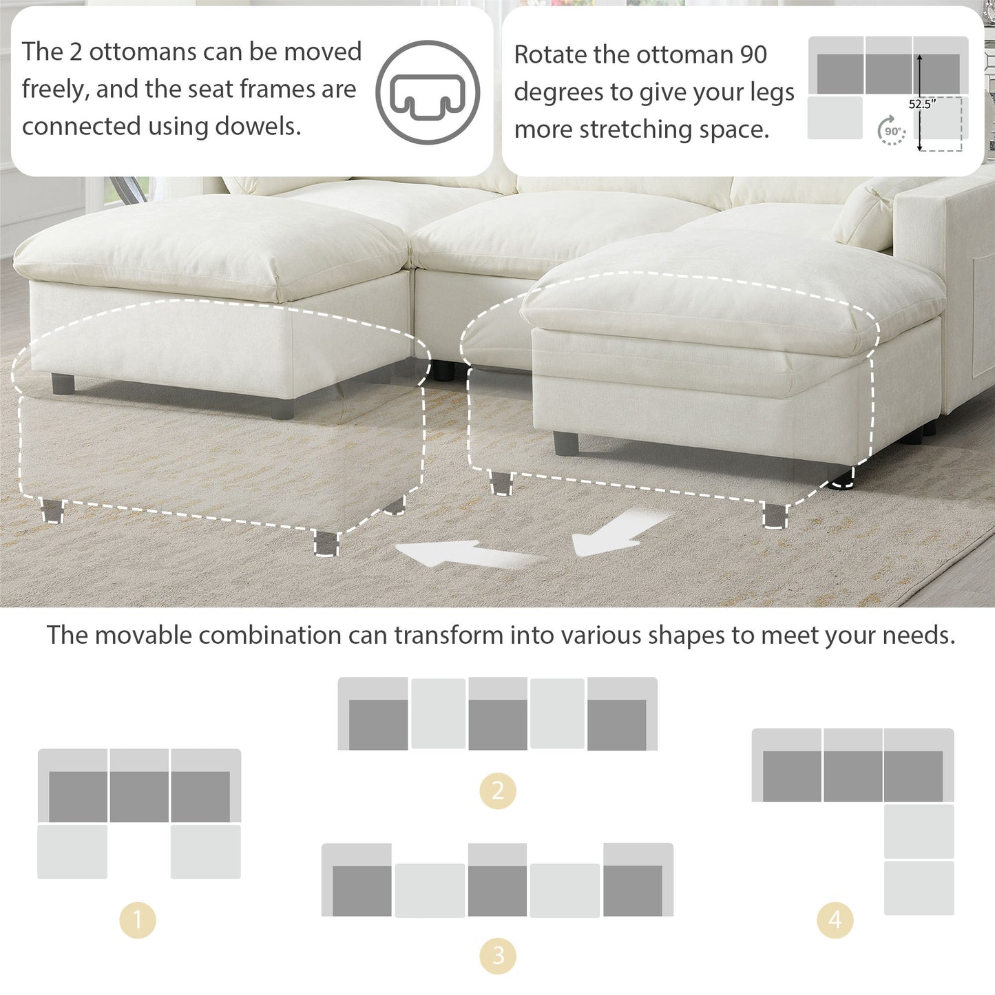 86.5''Chenille Sectional Sofa with Storage Pockets, 5 Seat U Shaped Sleeper Couch Set,2 PIC Free Combination