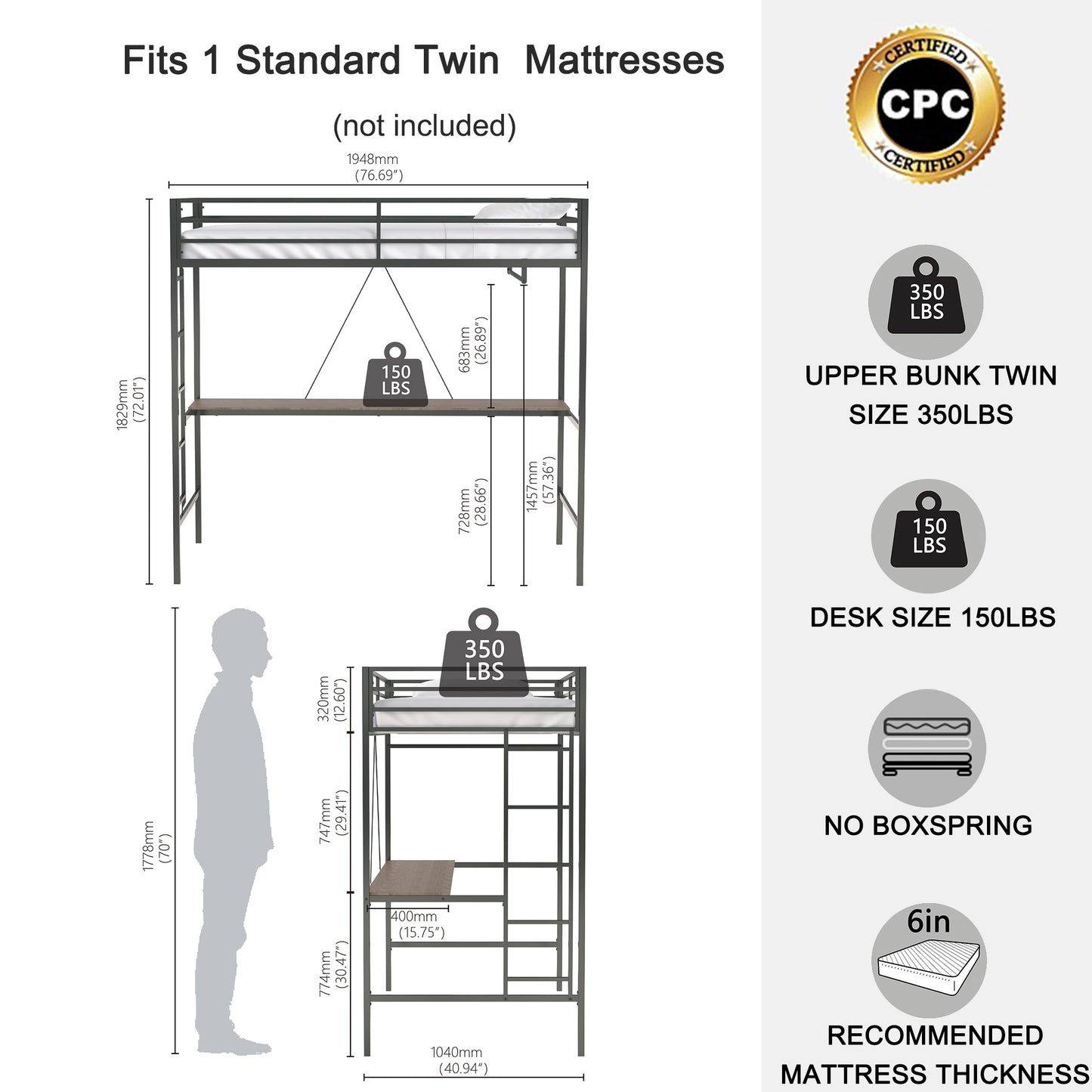 Twin Loft Bunk Black with Cinnamon Wood Desk and Closet Rod