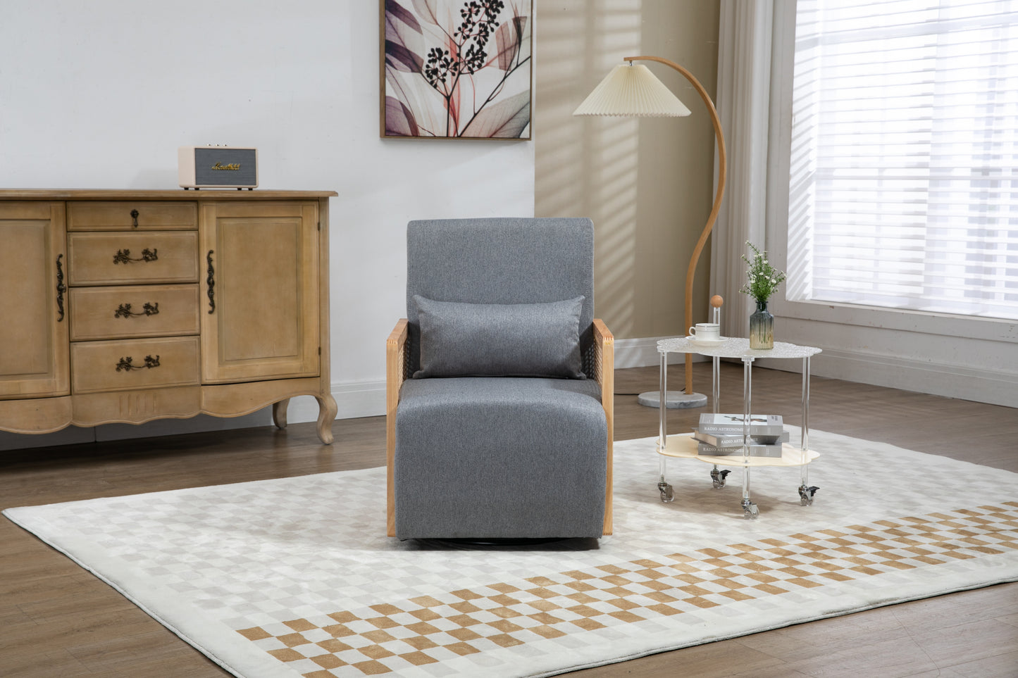 360 Degree Swivel Barrel Club Chair with one pillow,Modern Comfortable Upholstered Accent Chair (Grey linen)