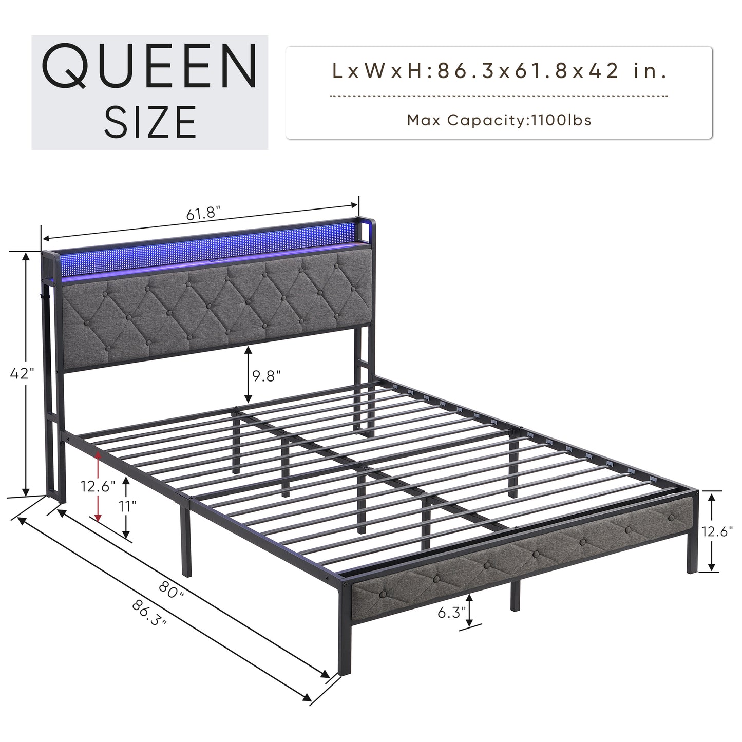 Queen Bed Frame with Storage Headboard, Charging Station and LED Lights, Dark Gray