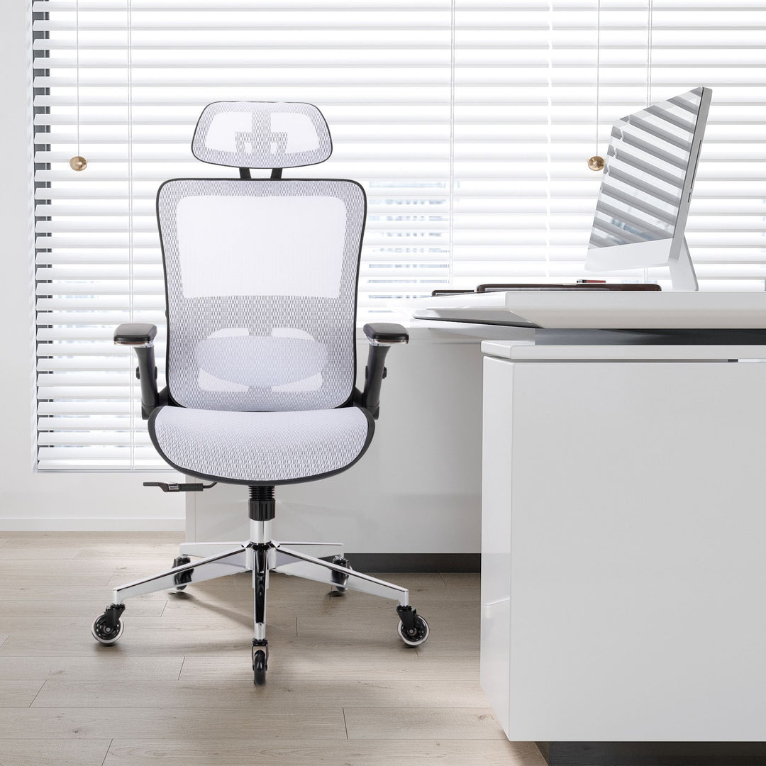 WHITE Ergonomic Mesh Office Chair, High Back - Adjustable Headrest with Flip-Up Arms
