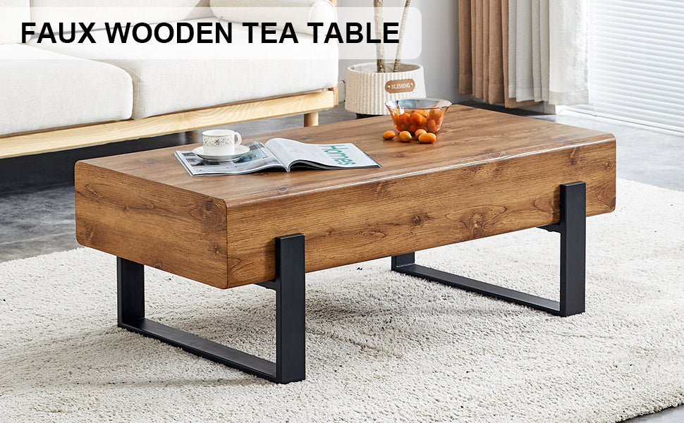 Rustic MDF Coffee Table with Metal Legs - Natural Wood Tone Elegance for Your Space