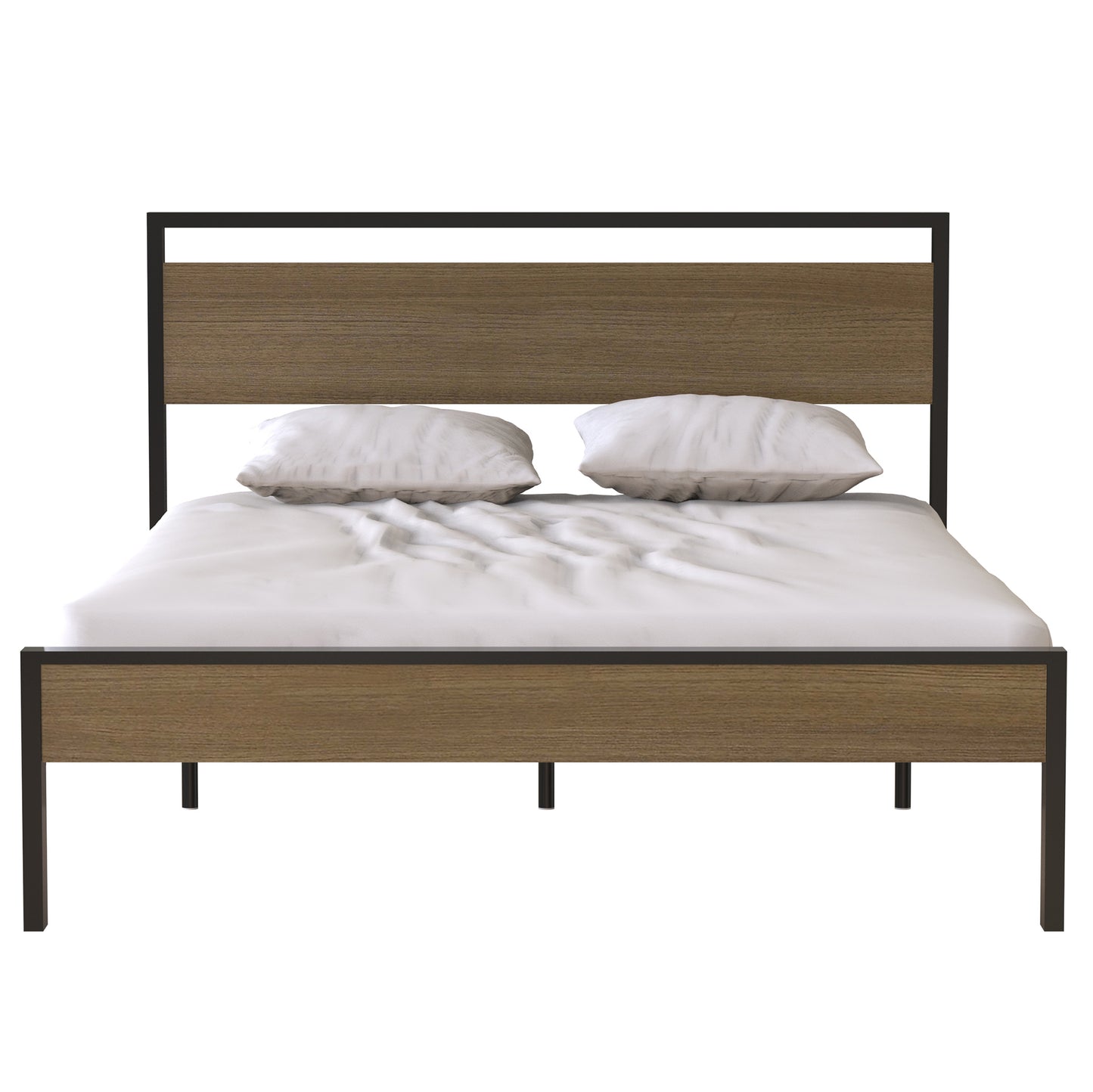 Metal Bed, Black with Cinnamon Wood Headboard & Footboard, Queen