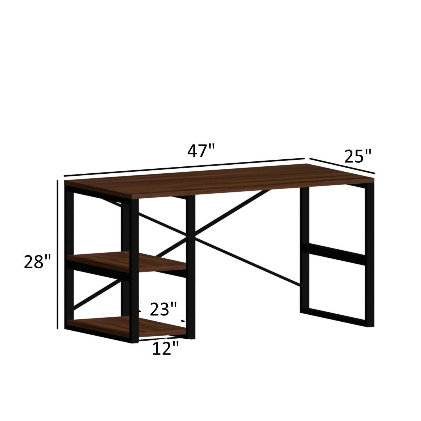 Store Sage Black Metal Frame 47" Wooden Top 2 Shelves Writing and Computer Desk for Home Office, White