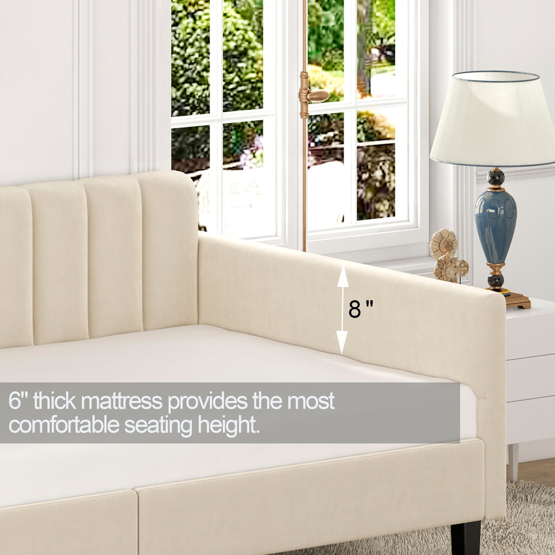 Twin Size Beige Velvet Upholstered Daybed, Ribbed Tufted Backrest