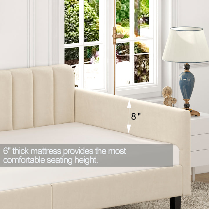 Twin Size Beige Velvet Upholstered Daybed, Ribbed Tufted Backrest