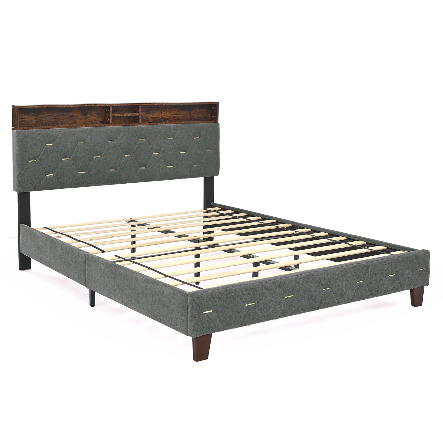 Queen Size Bed Frame, Shelf Upholstered Headboard, Platform Bed with Outlet & USB Ports Grey