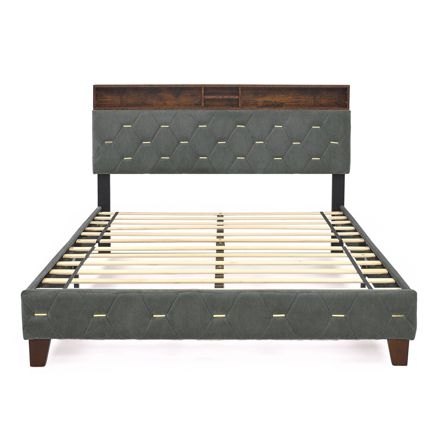 Queen Size Bed Frame, Shelf Upholstered Headboard, Platform Bed with Outlet & USB Ports Grey