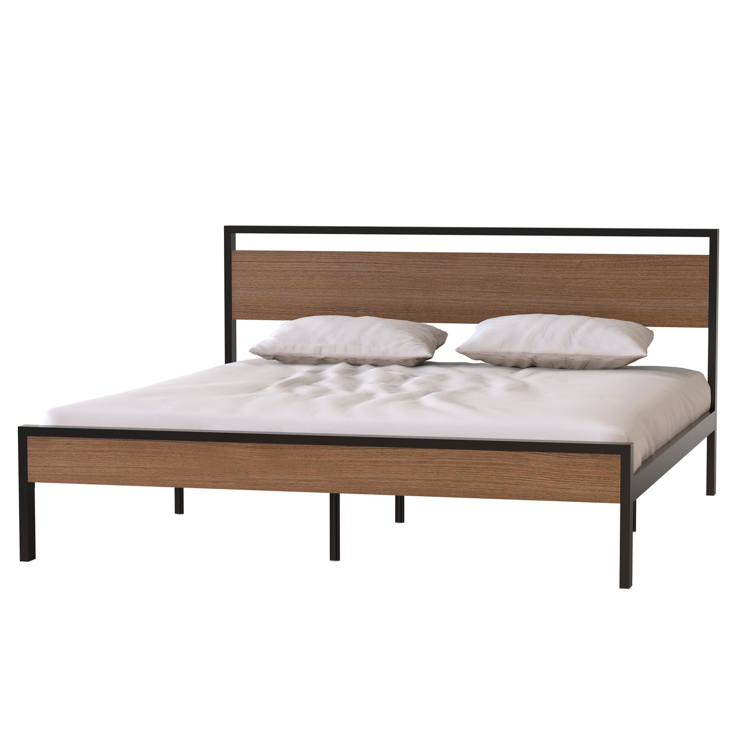 Metal Bed, Black with Cinnamon Wood Headboard&Footboard, King