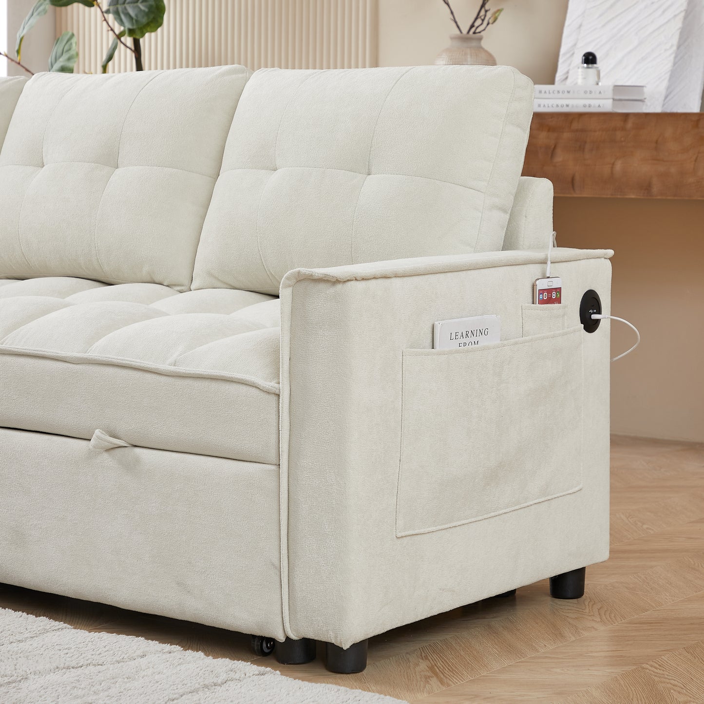 78.75" Reclining Sofa, Pull-Out Sofa Bed with USB and tape-c charging ports, L-Shaped Sectional Sofa with Reclining Storage and Arm Side Organizer Pocket Features