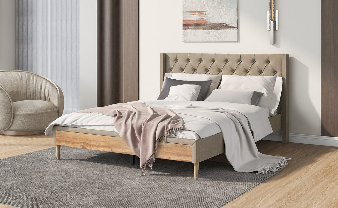 Platform Bed with Rubber Wood Legs,No Box Spring Needed-Beige