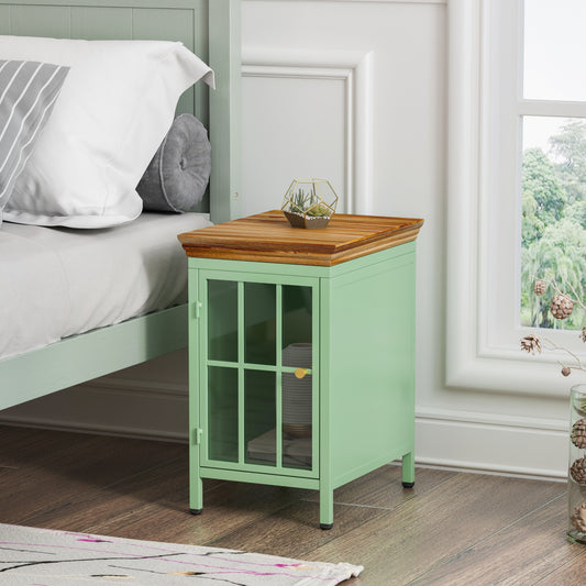 Nightstand with Storage Cabinet & Solid Wood Tabletop, Bedside Table, Green