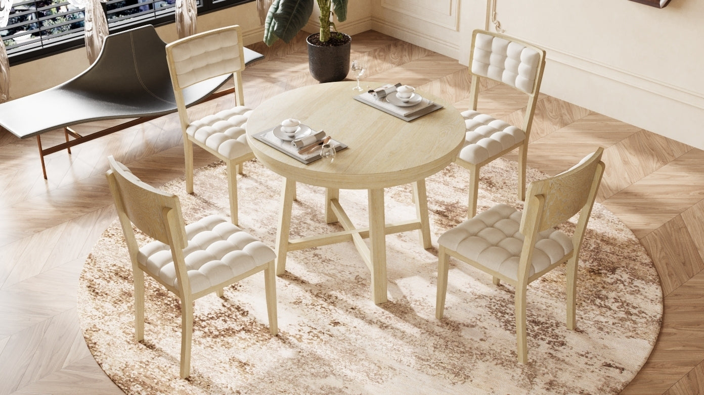 Rustic 42inch Round Dining Table Set with Cross Legs and Upholstered Dining Chairs for Small Places, Natural