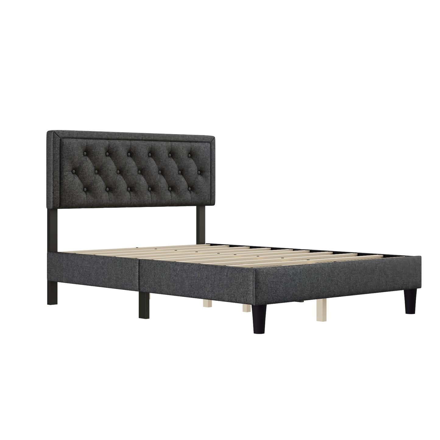 Full size Panel Bed Frame with Adjustable Button-Tufted Headboard for Bedroom/Linen Upholstered/Wood Slat Support/Easy Assembly,Dark Grey