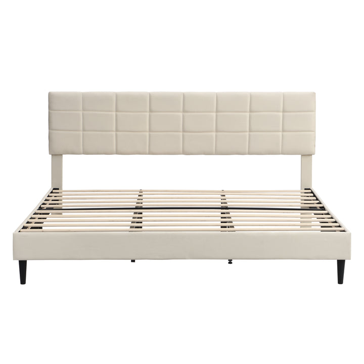 King Size Platform Bed Frame with Fabric Upholstered Headboard and Wooden Slats, No Box Spring Needed/Easy Assembly, Dark Beige