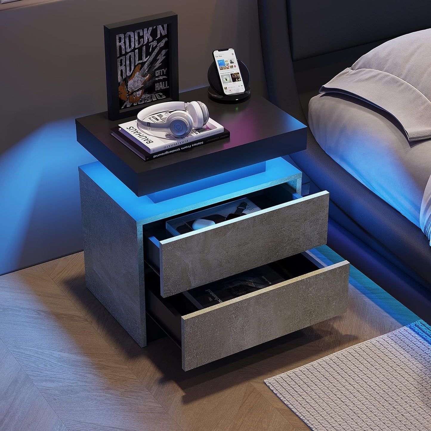 Nightstand LED Bedside Table Cabinet Lights Modern End Side with 2 Drawers for Bedroom (Gray)