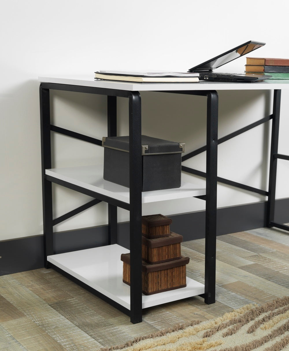 Store Sage Black Metal Frame 47" Wooden Top 2 Shelves Writing and Computer Desk for Home Office, White