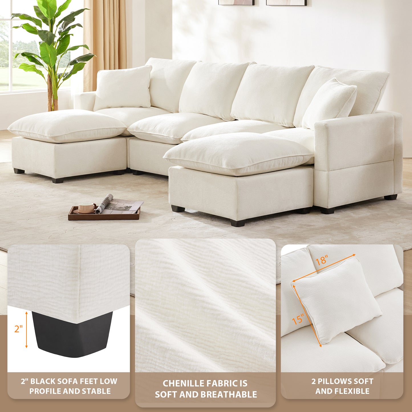 110*57" U Shape Modular Sofa, 6 Seat Chenille Sectional Couch Set with 2 Pillows Included