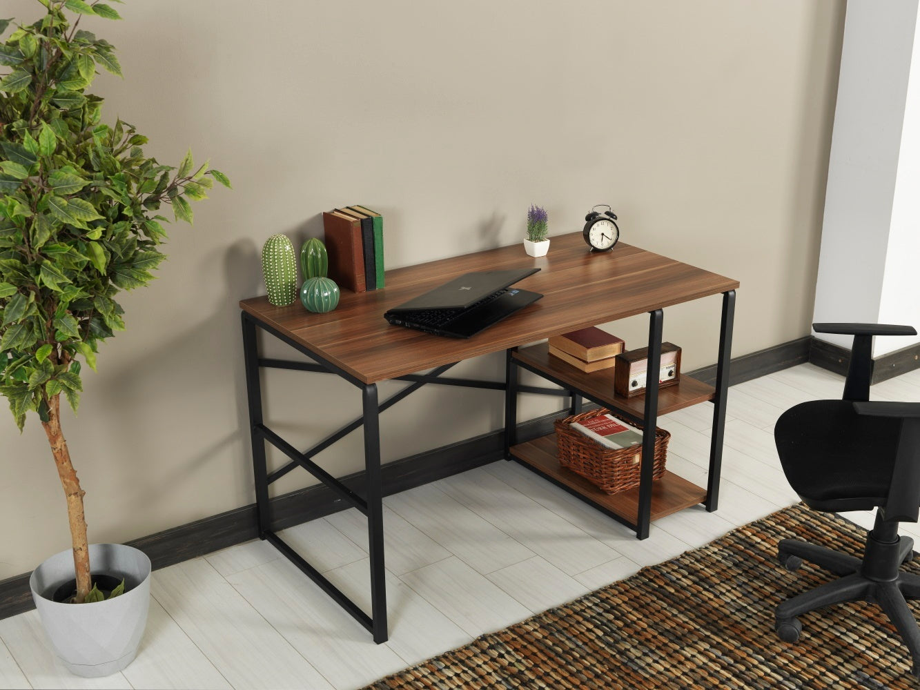 Store Sage Black Metal Frame 47" Wooden Top 2 Shelves Writing and Computer Desk for Home Office, Walnut