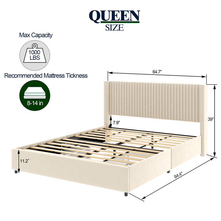 2-Drawer Storage Bed Queen Size Wooden Slat Mattress Support No Box Spring Needed