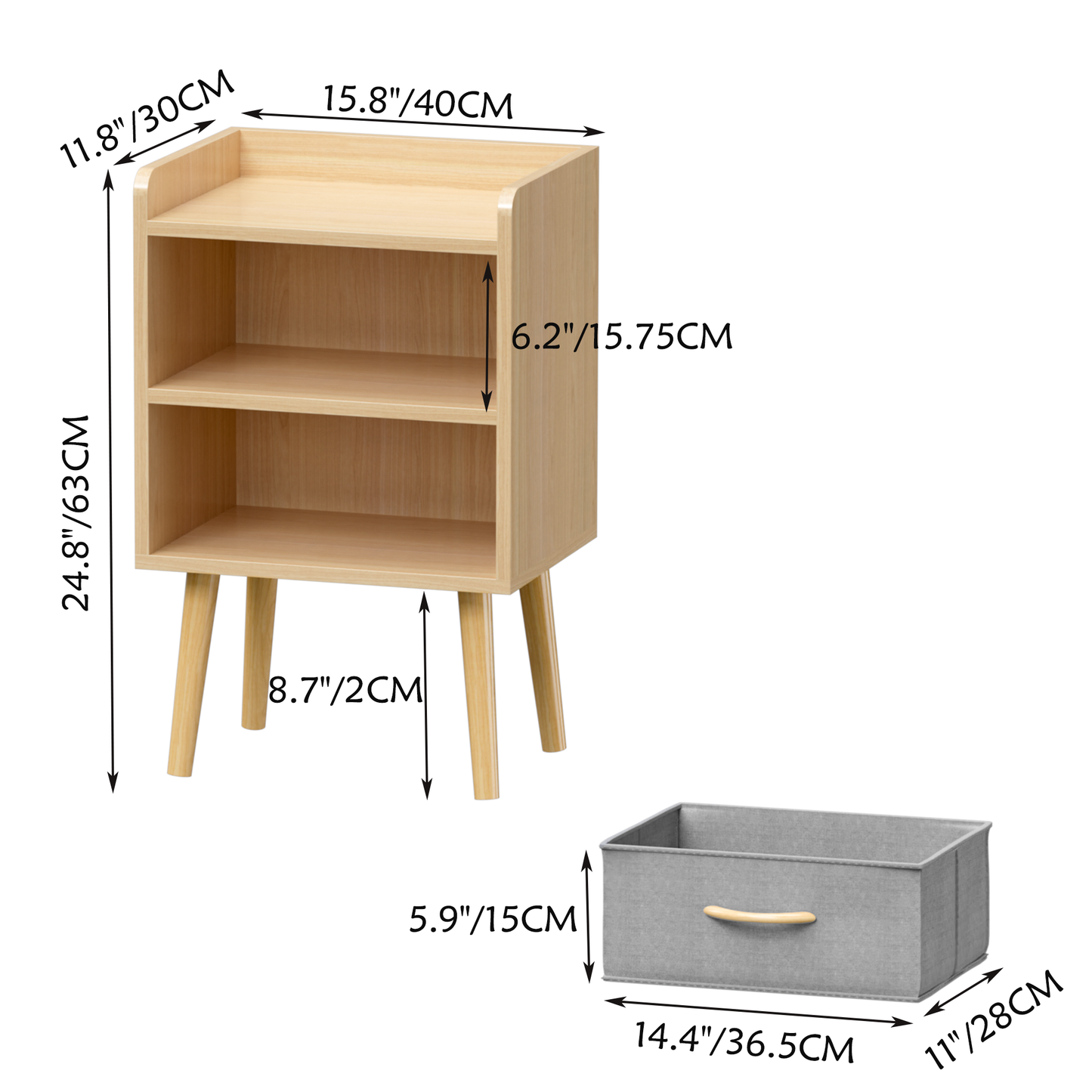 Nightstand With Collapsible Fabric Drawer, 2-Tier Storage End Table - Oak