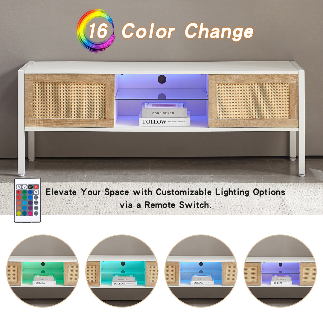 54.33" Rattan TV cabinet with variable color light strip, double sliding doors for storage