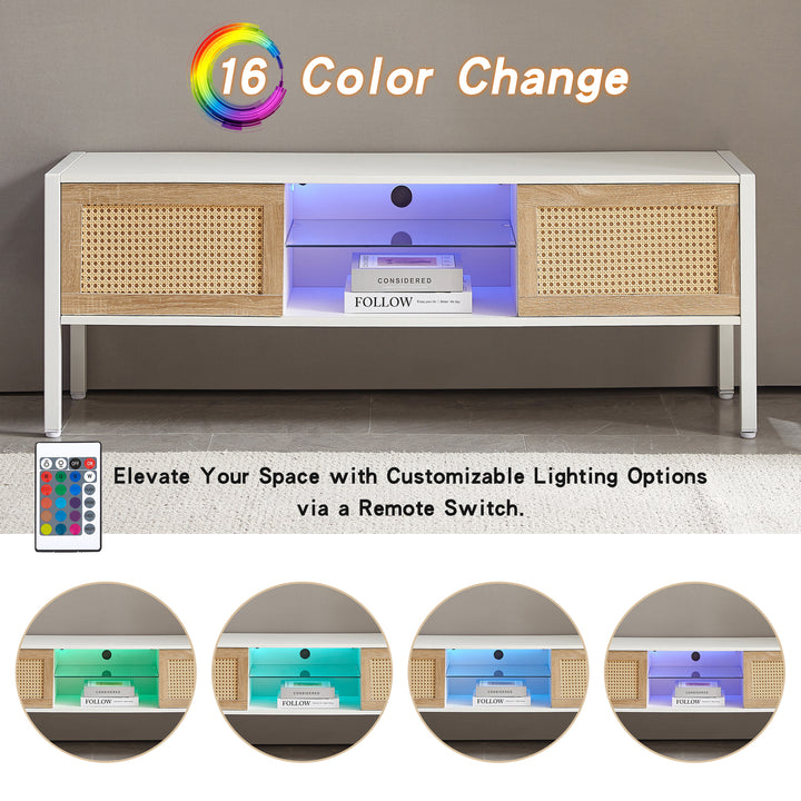 54.33" Rattan TV cabinet with variable color light strip, double sliding doors for storage