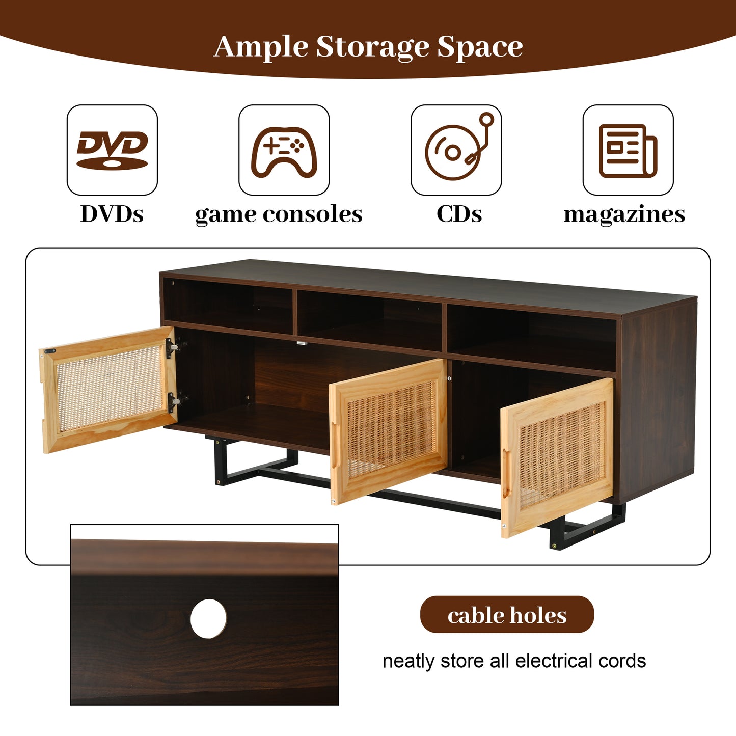 TREXM Retro Rattan TV Stand 3-door Media Console with Open Shelves for TV Stand under 75''(Walnut)