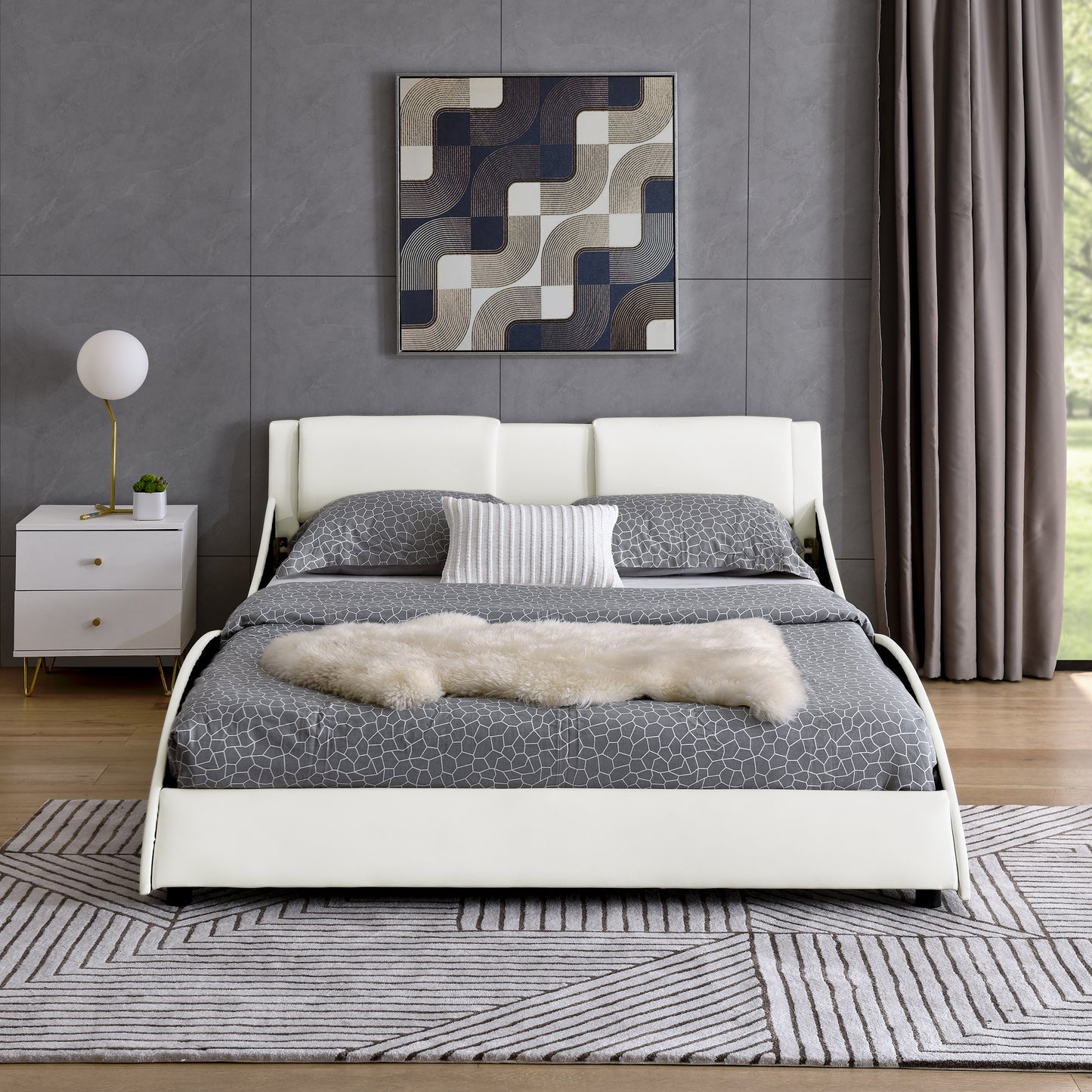 Queen Bed Frame Modern Faux Leather Upholstered Platform Bed Frame with and Headboard ,White