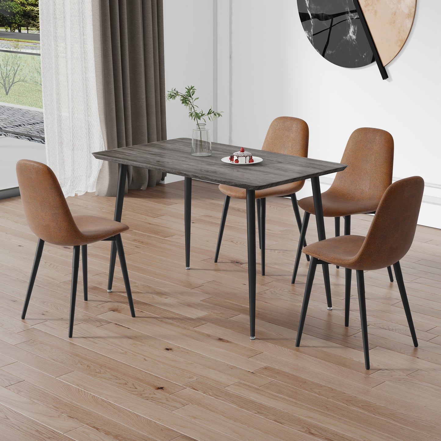 1 table and 4 chairs set.Gray wood grain table with MDF tabletop