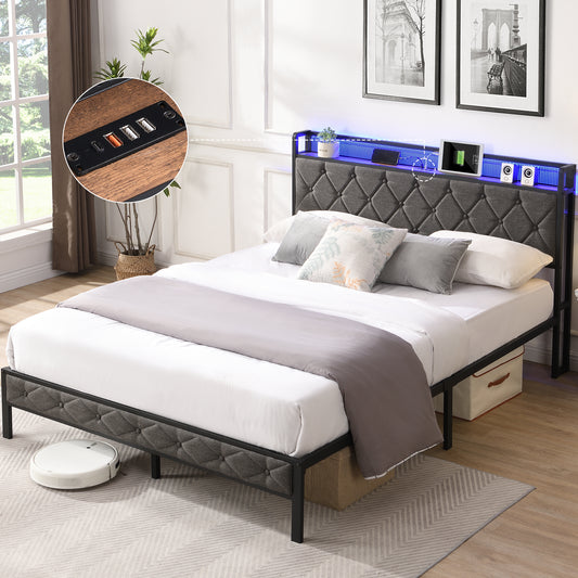 Queen Bed Frame with Storage Headboard, Charging Station and LED Lights, Dark Gray