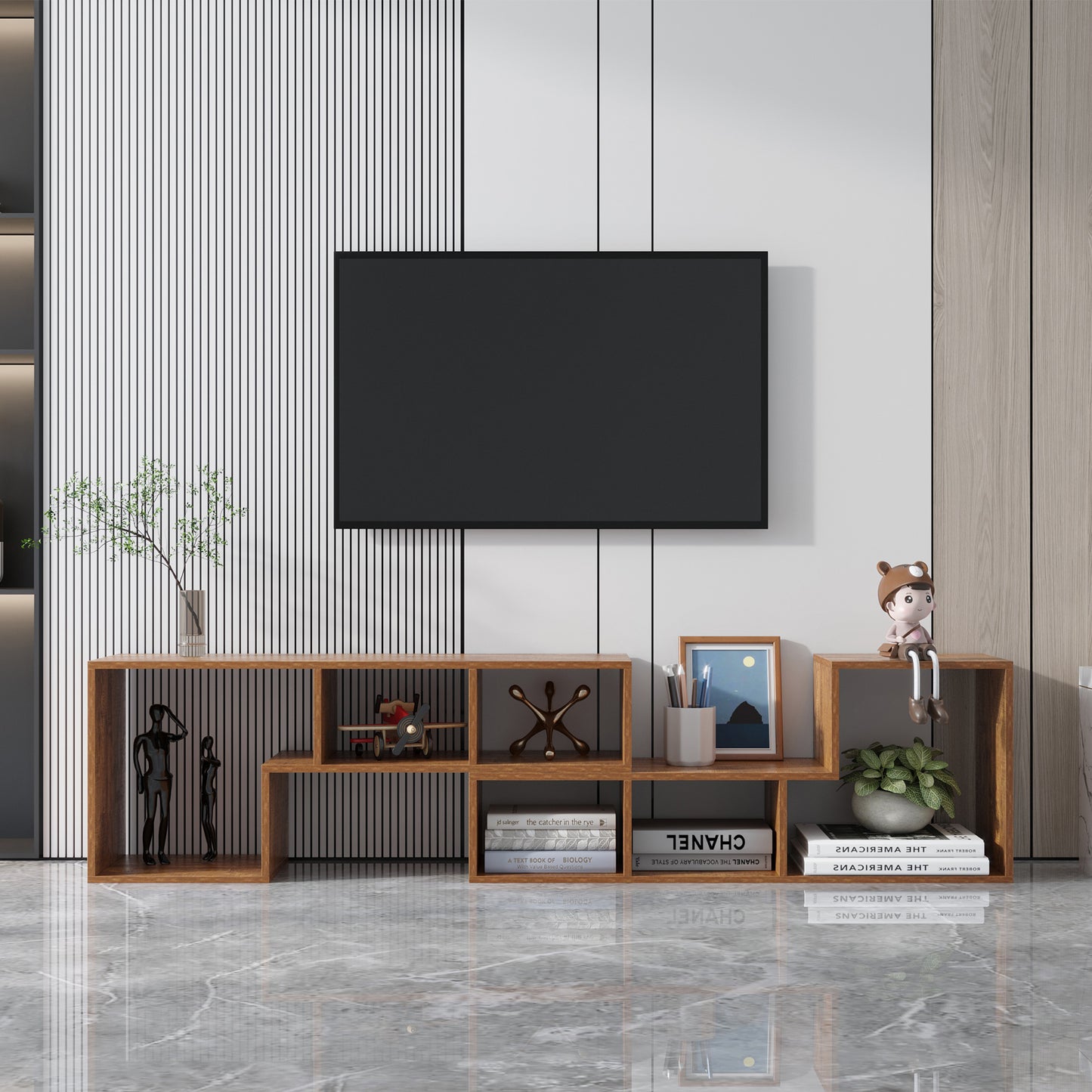 Double L-Shaped TV Stand,Display Shelf,Bookcase for Home Furniture,Walnut