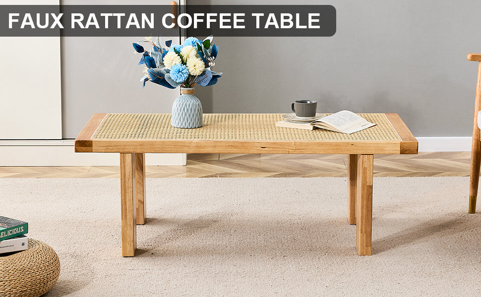 Modern and minimalist rectangular rattan tabletop with rubber wooden leg