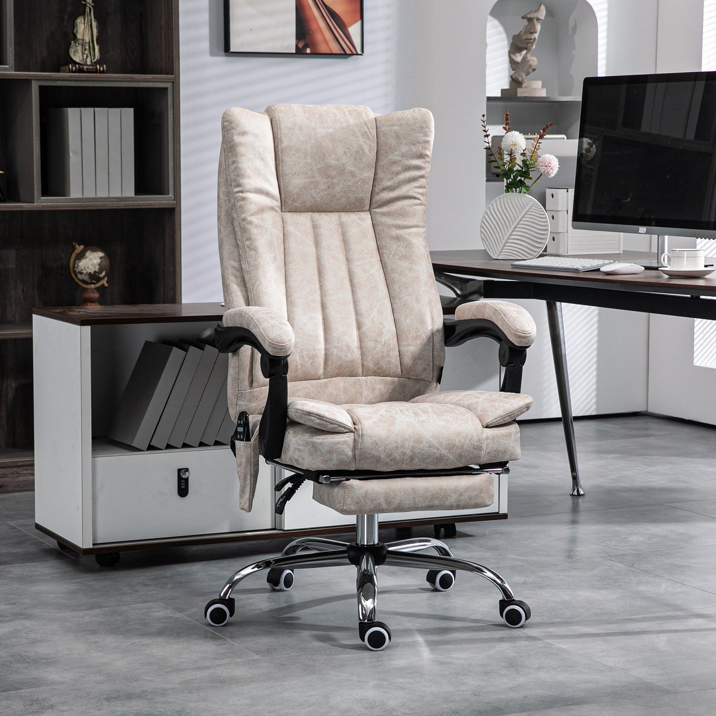 Office Chair, High Back Computer Chair with 6 Point Massage, Heat, Adjustable Height and Retractable Footrest, Cream White