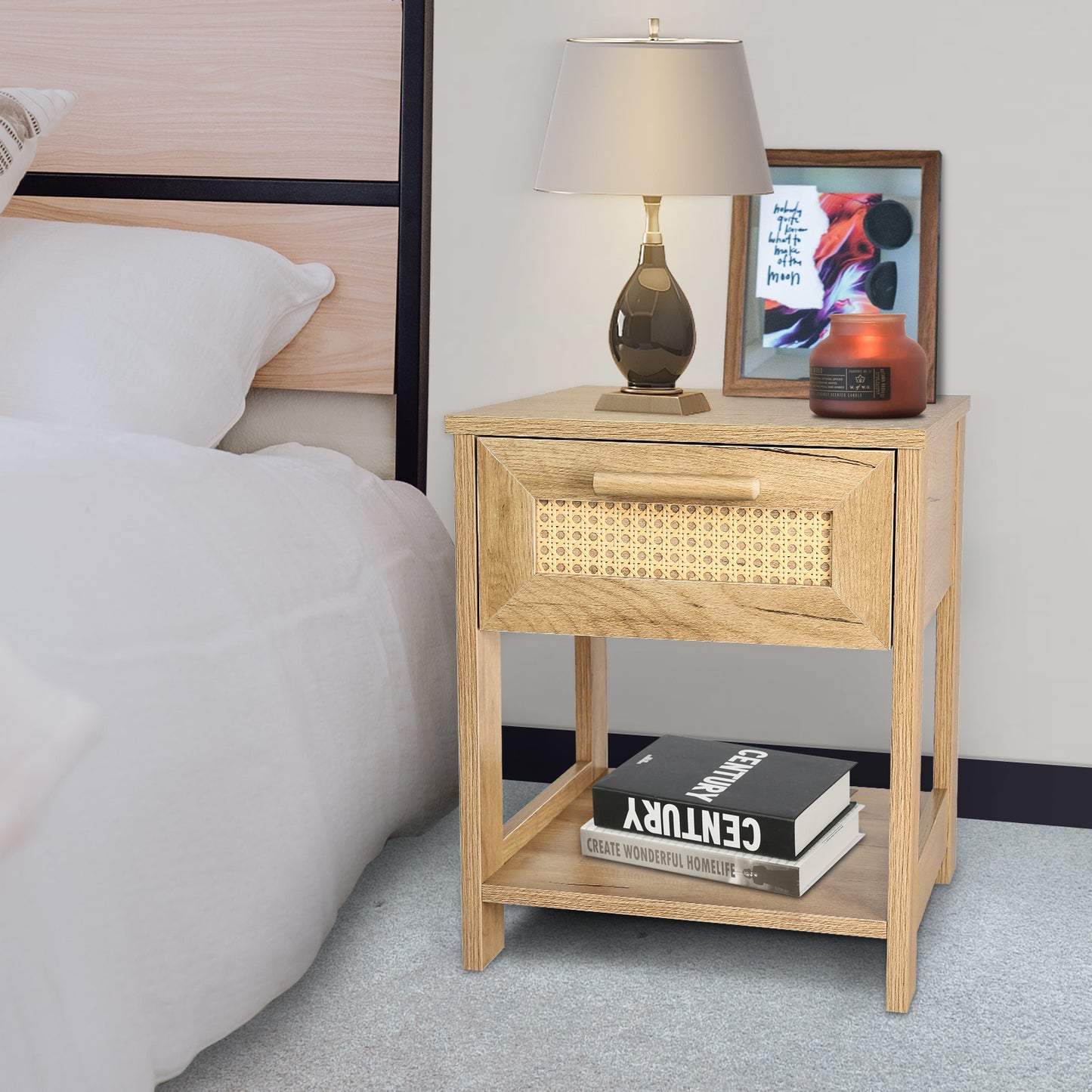 Nightstand Set of 2, 2 Drawer Dresser for Bedroom, Small Dresser with 2 Drawers and two open storage shelf  Natural Color