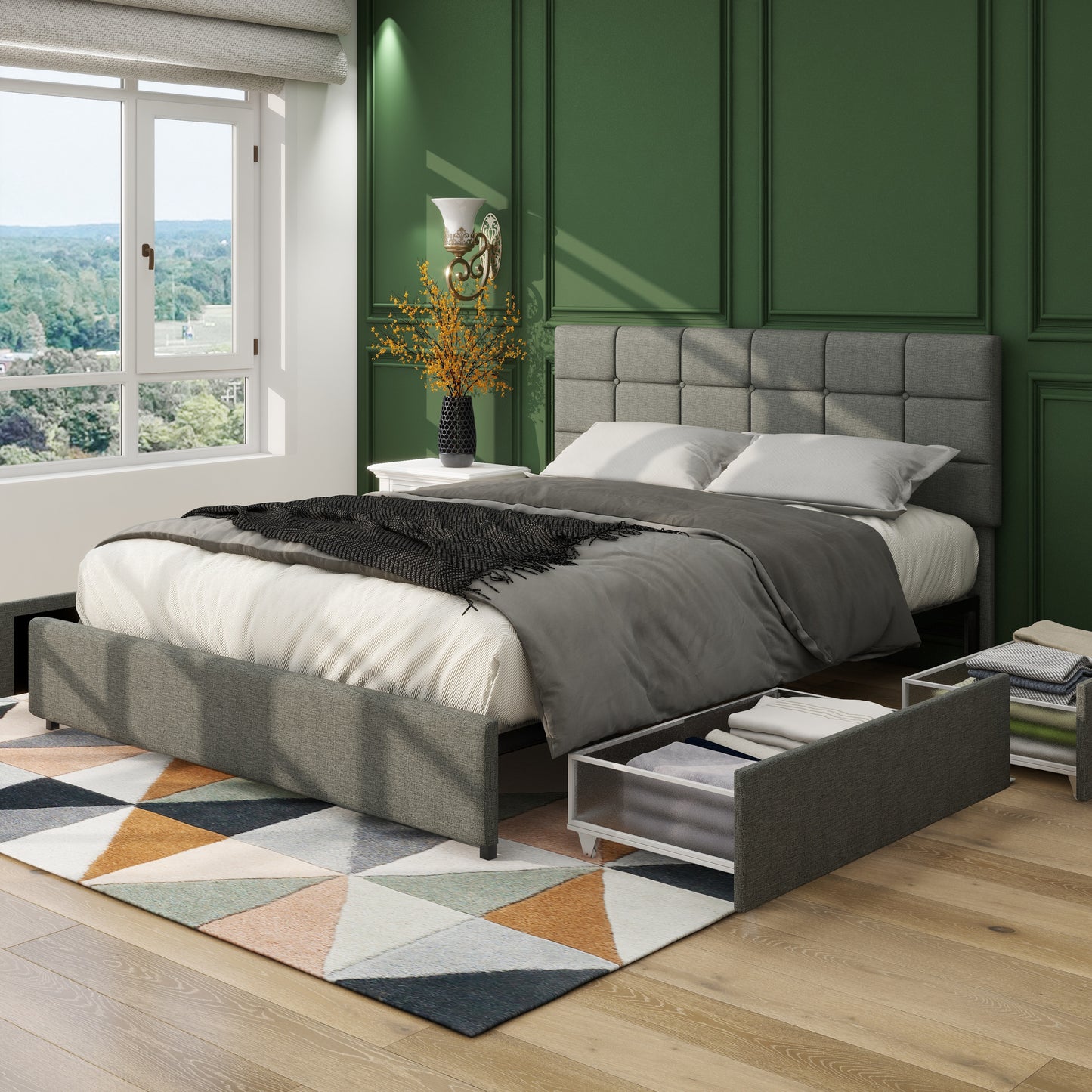 Queen Size Gray Linen Upholstered Platform Bed with Patented 4 Drawers Storage, No Box Spring Required