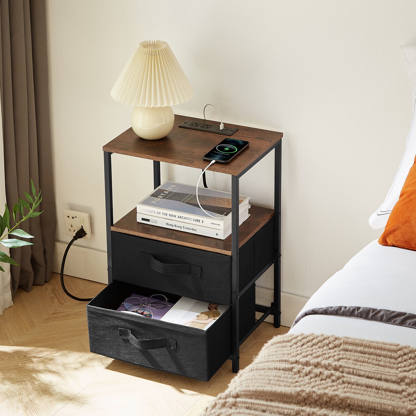 End Table with Charging Station, Nightstand with USB Port