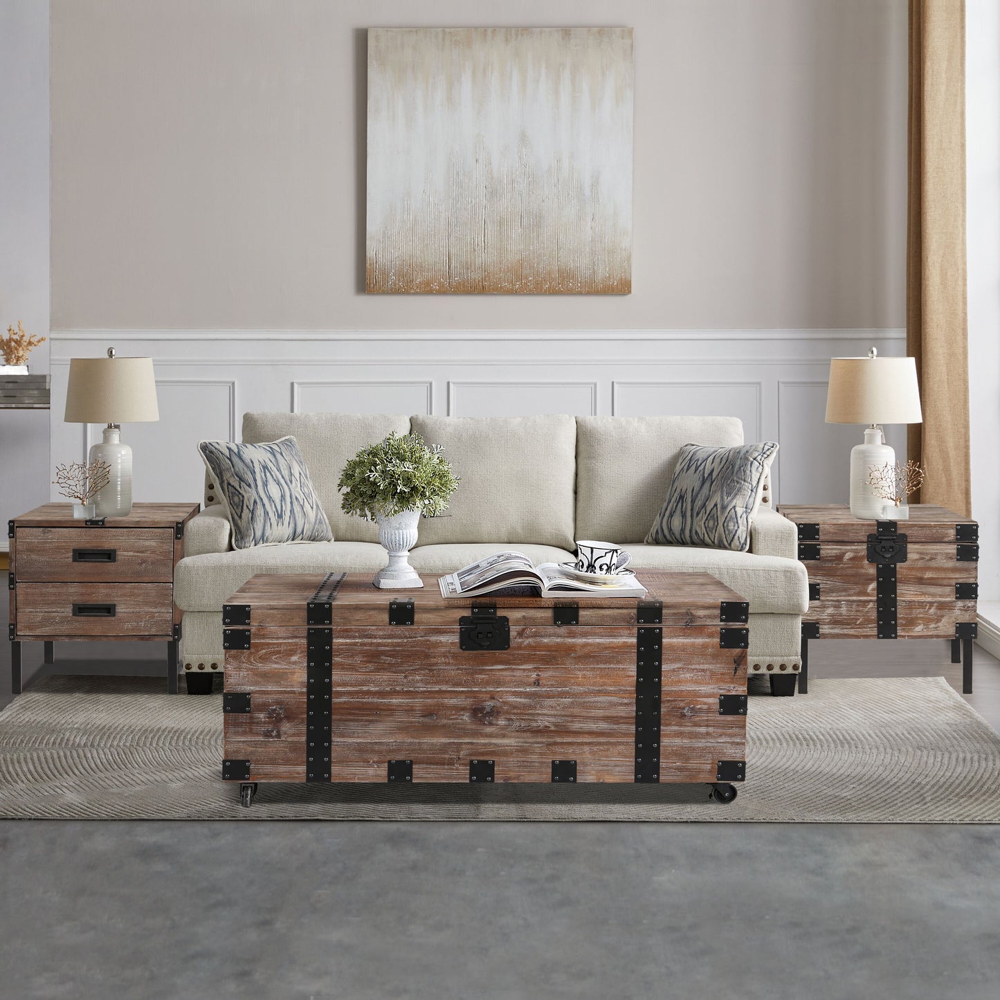 Antique Reclaimed Wood Gray Trunk Table And Side Table