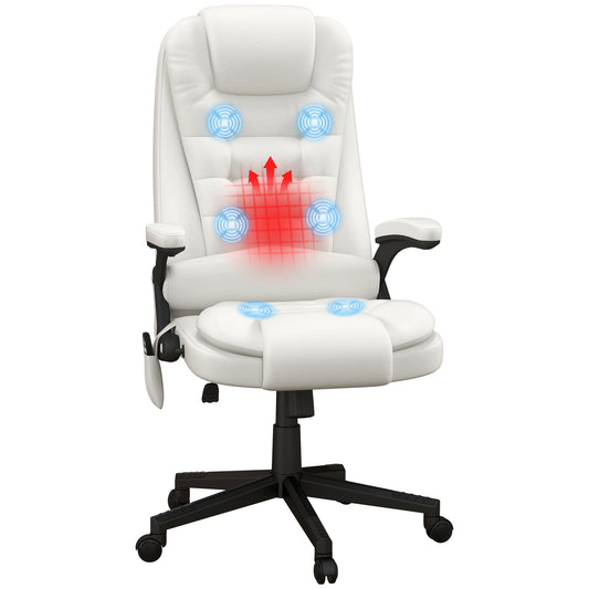 High Back Vibration Massage Office Chair with 6 Vibration Points, Heated Reclining PU Leather Computer Chair with Armrest and Remote, White