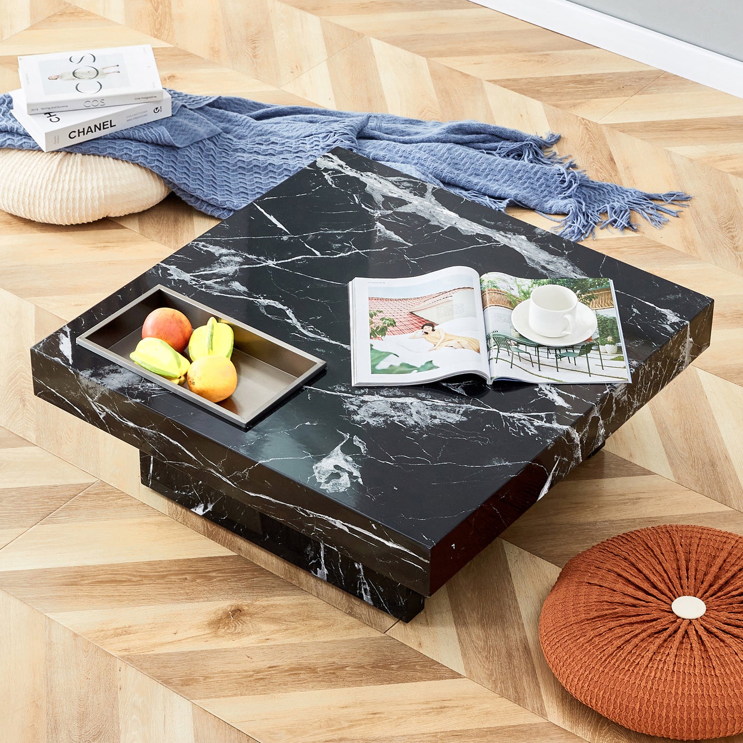 A coffee table made of MDF material with black patterns. 31.4"*31.4"*12"