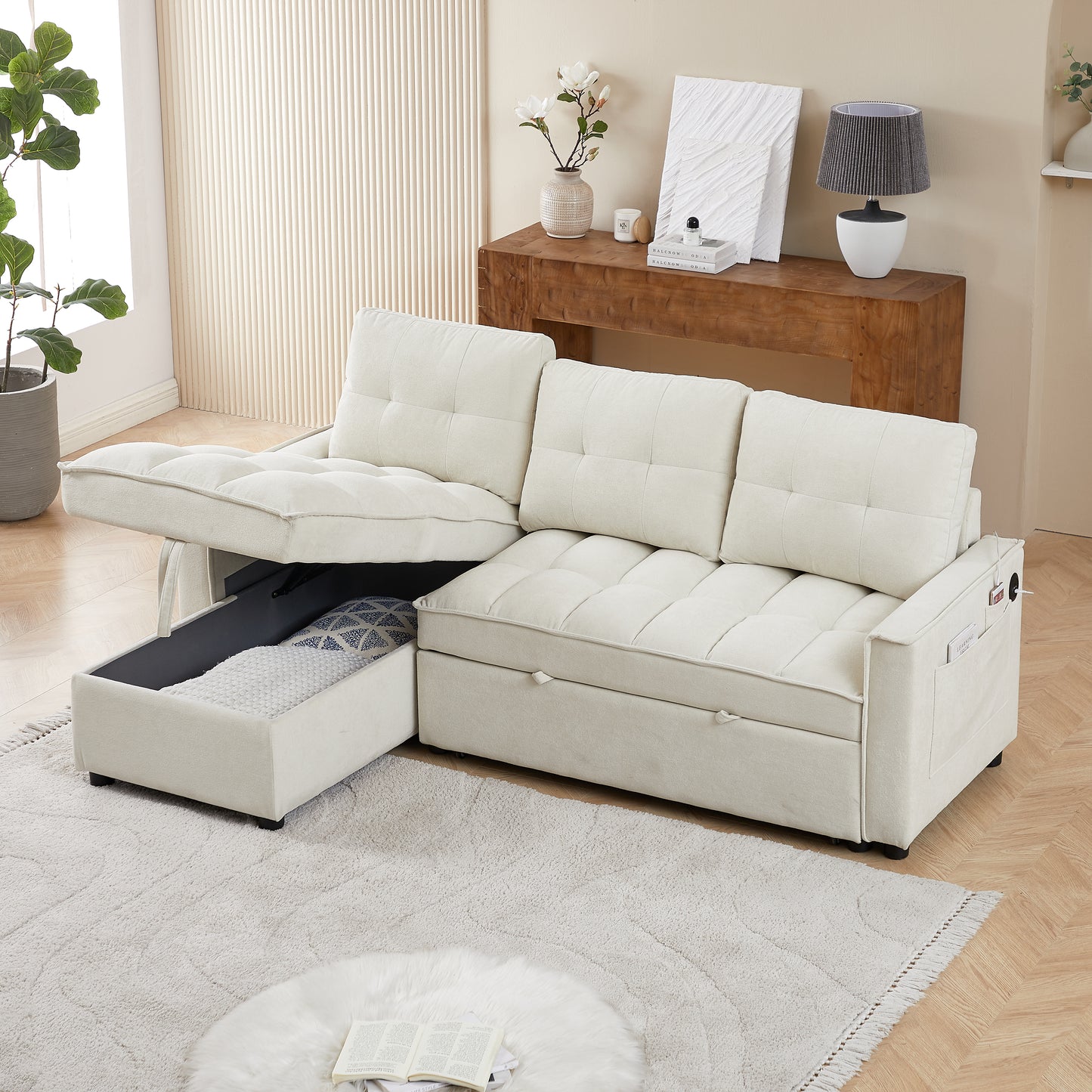 78.75" Reclining Sofa, Pull-Out Sofa Bed with USB and tape-c charging ports, L-Shaped Sectional Sofa with Reclining Storage and Arm Side Organizer Pocket Features