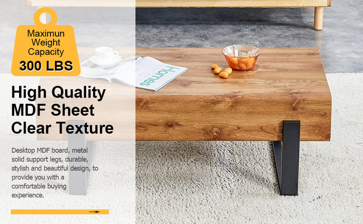 Rustic MDF Coffee Table with Metal Legs - Natural Wood Tone Elegance for Your Space