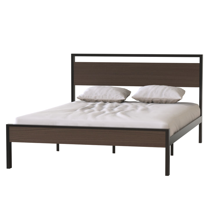 Metal Bed, Black with Walnut Wood Headboard&Footboard, Queen