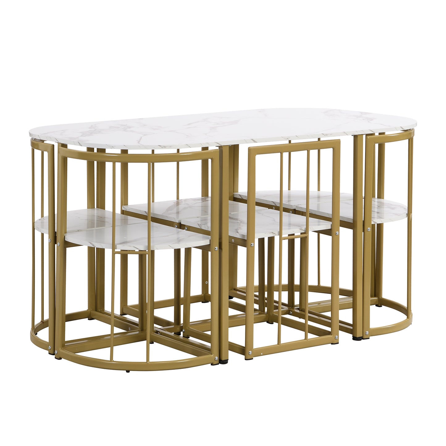 Modern 7-Piece Dining Table Set with Faux Marble Compact 55Inch Kitchen Table Set for 6, Golden+White